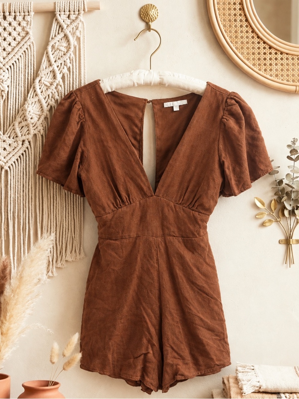 GB Linen Women's Brown/Rust V-Neck Short Sleeve Romper